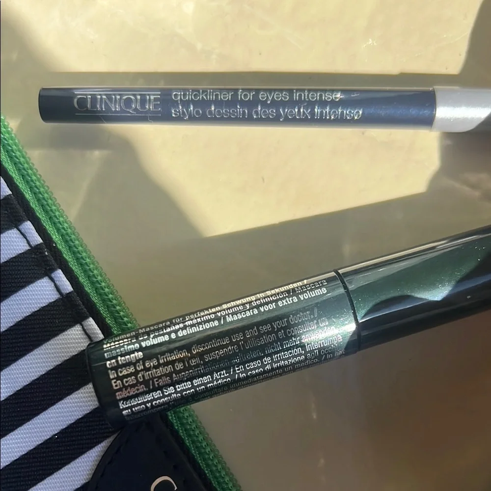 Clinique Black and White Striped Makeup Bag with Skincare Set